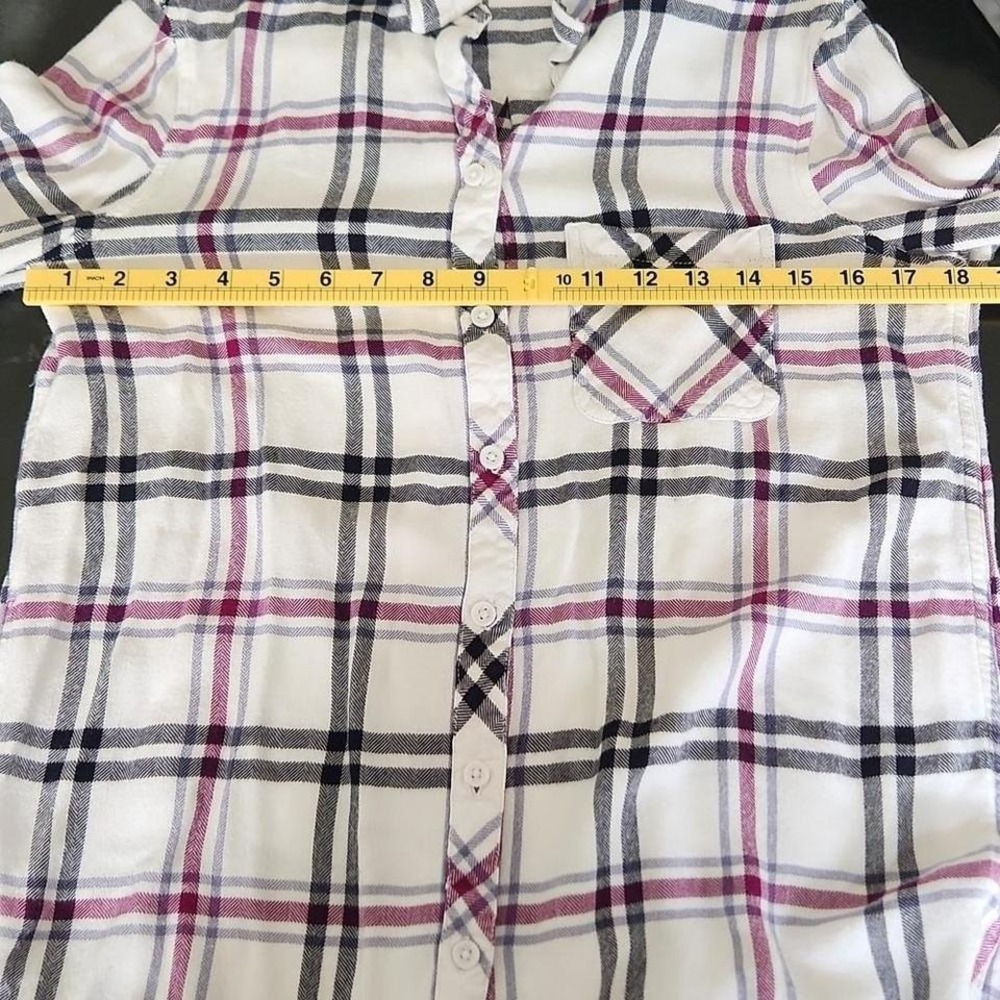 Beach lunch lounge Women's Purple & Black Wht plaid rayon "Flannel" blouse. M - Picture 9 of 9